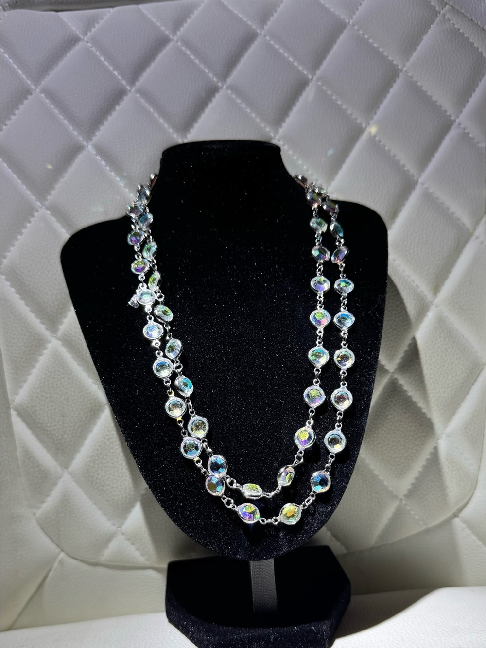 Rare Swarovski Aurora Borealis Crystal Opera Necklace Silver Tone 36” Y2K